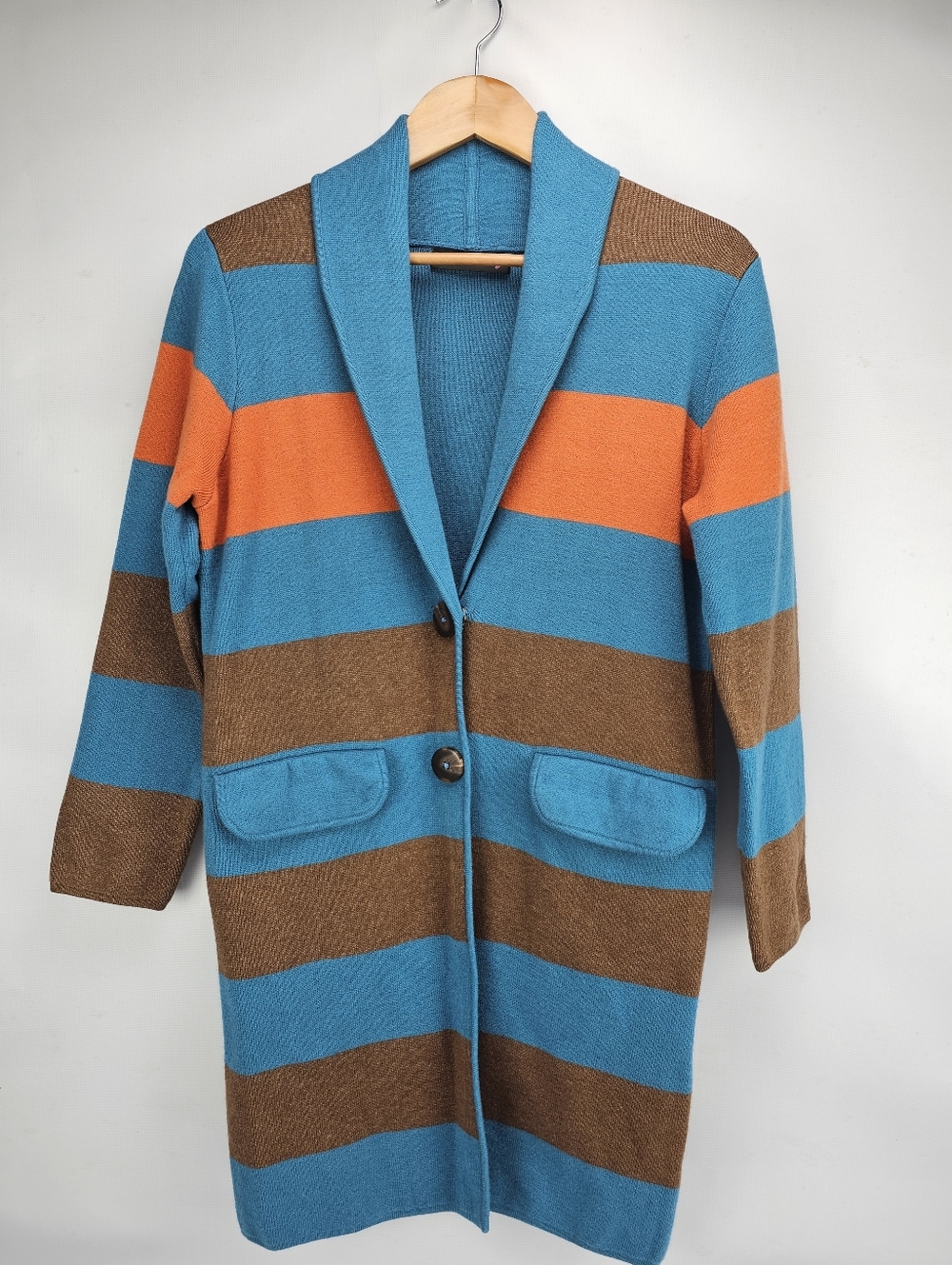 Elena Wang Women's Striped Knit Jacket Cardigan Sweater Blue/Brown/Orange